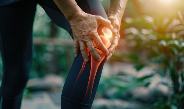 An individual grips their knee, with an area highlighted to indicate joint pain or injury, symbolizing health issues related to physical discomfort and the need for care