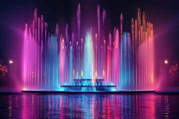 A fountain beautifully lit with neon lights