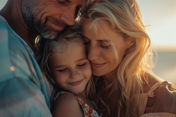 Fototapeta premium Family enjoying a beach holiday together. Joyful parents spending time with their daughter. Smiling parents and child posing for a photo by the shore