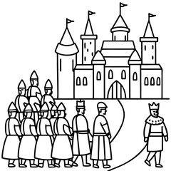 Royal procession entering a majestic castle