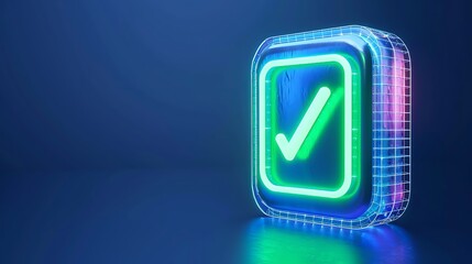 Futuristic 3D check mark icon with neon glow, symbolizing approval, validation, and success, set against a modern dark blue background.