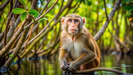 Fototapeta premium A curious rhesus macaque monkey explores a lush Florida mangrove forest, its agile body and inquisitive expression capturing the essence of wildlife in its natural habitat.