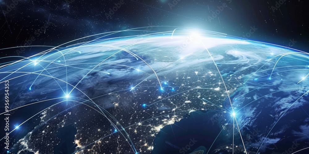 Poster A satellite image of Earth with network lines, symbolizing global communication and data exchange