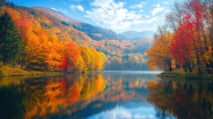 A vibrant autumn scene with colorful trees at the base of a mountain, their leaves reflected in a calm lake.