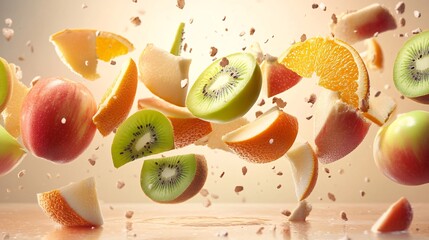 Sliced fruits like apples oranges and kiwis flying through the air in a dynamic composition