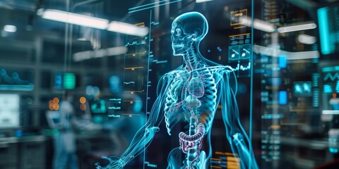 Obraz premium Holographic medical scan of a patient's anatomy, aiding in medical diagnosis and treatment