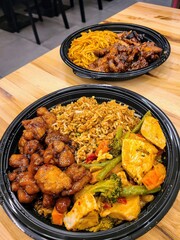 Asian Cuisine Plates with Fried Rice and Noodles at Eye Level