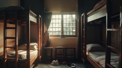 Fototapeta premium Morning light streams into an organized dormitory room with wooden bunk beds and simple furnishings creating a calm, humble living space.