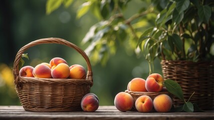 Fresh peaches in wicker basket on rustic wooden table.