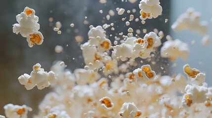 Flying popcorn with kernels popping and scattering in mid-air