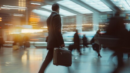 A business professional captured striding purposefully in a busy terminal, representing the hustle and urgency of corporate life.