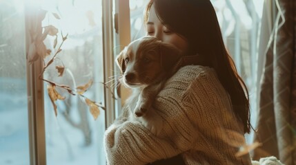 A woman cuddles her dog by a sunlit window, creating a warm and tender moment of companionship and love in the early morning light.