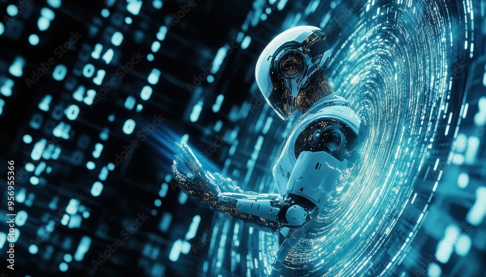 Poster cybernetic journey: robotic figure surrounded by swirling binary code in abstract digital landscape