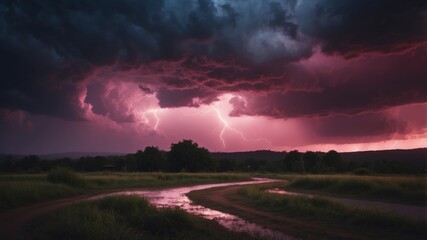 Pink night sky with storm clouds and dramatic effect.