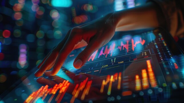 Womans hands on a dashboard featuring data analytics, with a tablet displaying stock market research. Future technology showcased through holograms with graphs and charts for traders
