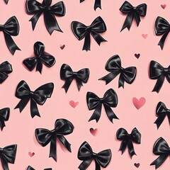 Black satin bows pattern on a pink background scattered with small heart shapes, perfect for use in romantic or festive design projects, invitations, stationery, or fashion-related themes,