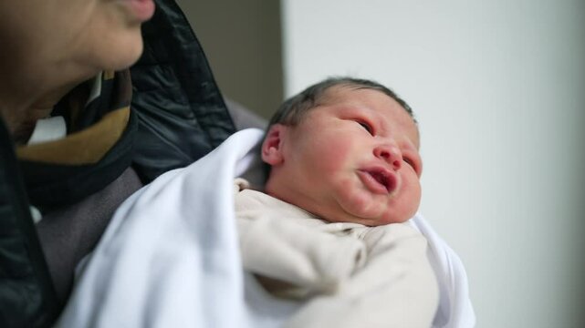 Grandmother holds a swaddled newborn baby close, but the baby is crying and showing signs of distress. grandmother tries to comfort the infant, showcasing challenging moment of caregiving