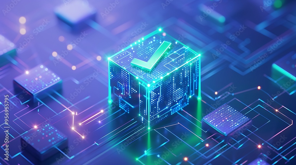 Poster futuristic blockchain technology concept with glowing checkmark symbol on electrical grid background