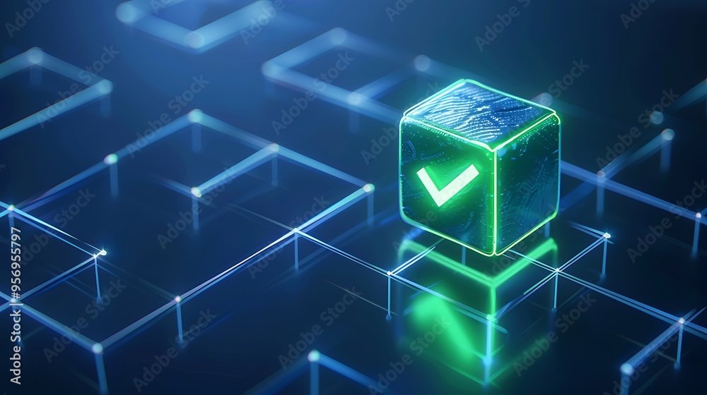 Poster futuristic blockchain technology concept with glowing cube and checkmark, representing data verifica