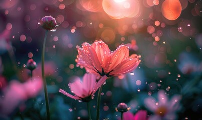 Delicate pink flowers covered in water droplets stand out against a dreamy background filled with bokeh lights, capturing the essence of nature's beauty and tranquility