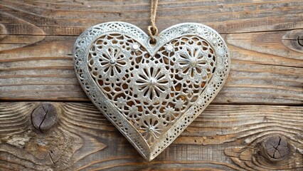 A delicate heart-shaped metal decor with intricate patterns and a distressed finish, suspended from a rope, adds a touch of rustic charm to any room.