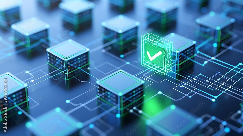 Poster futuristic blockchain technology network concept with glowing cubes and check marks, representing se