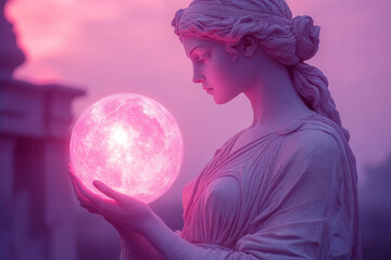 Naklejka premium A surreal image of a Greek goddess statue holding a glowing orb, with light rays emanating from it, isolated on a pastel lavender background,