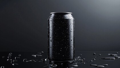 Sleek charcoal gray aluminum soda can with refreshing water droplets, showcasing a stunning blank can mockup for branding and design inspiration.