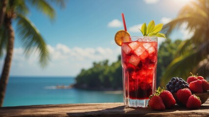 Cold fruit drink on tropical landscape background.