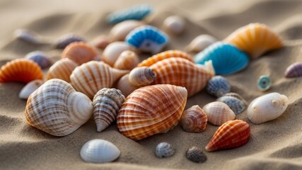 Colorful seashell variety on sandy ocean beach.