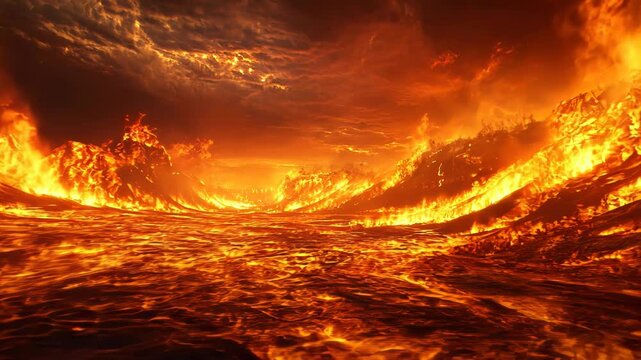 A fiery landscape of lava and flames