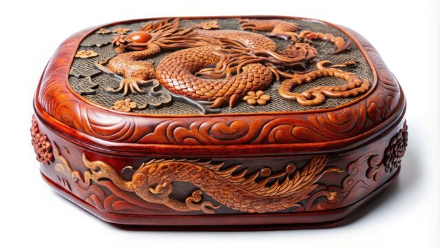 A delicate, intricately carved wooden dragon and phoenix adorn the ornate lid of a traditional Chinese lacquer box, symbolizing harmony and good fortune.