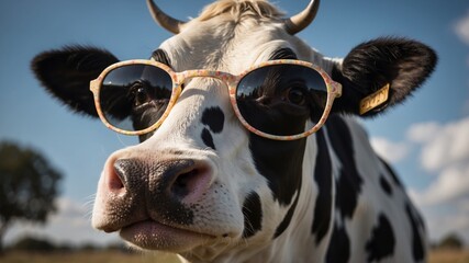 a funny spotted black and white cow wearing dark sunglasses on a sunny day.
