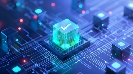 Fototapeta premium Futuristic circuit board with glowing checkmark symbolizing technology validation, data security, and digital approval.