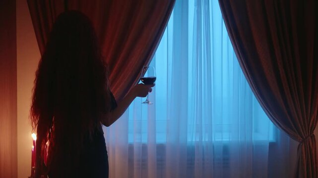 long hair beauty woman hand holding glass of red wine alcohol drink. Fantasy Elegance girl walking in dark night room old style go to window back rear view. gothic mystery sexy black dress. video art