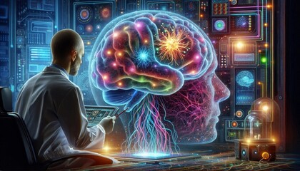 Fototapeta premium A futuristic depiction of a human brain connected to a computer, symbolizing the intersection of technology and human intelligence, the power of the mind, the future of AI, and the potential for neura