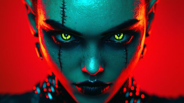 Cyberpunk Woman with Yellow Eyes in Red Light