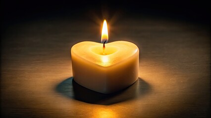 A delicate, ivory heart-shaped candle flickers softly, casting a warm, romantic glow on a serene, dark background, evoking feelings of love and tenderness.