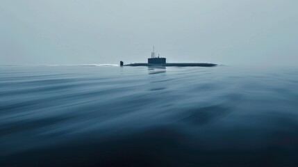 A lone submarine emerges from the still, foggy ocean, casting an eerie silhouette against the tranquil yet ominous seascape.