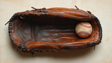A detailed close-up of a baseball glove with a ball resting inside, showing fine leatherwork and wear marks, isolated on a pastel beige background,