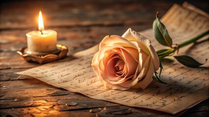A delicate, long-stemmed rose lies atop a worn, distressed vintage letter, surrounded by subtle candlelight, evoking romantic nostalgia and old-world elegance.
