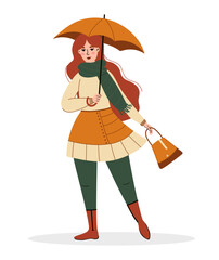 A woman in an autumn outfit holds an umbrella and a handbag in her hands.