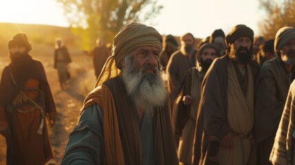 A group of men in traditional robes walk through a sun-drenched landscape, their expressions revealing a journey of purpose and resilience.