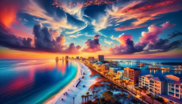 A breathtaking sunset paints the sky over Destin Beach in Florida, with vibrant hues reflected in the calm waters. The sandy beach stretches along the coastline, lined with coastal homes and palm tree