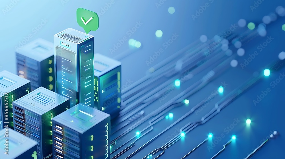 Poster futuristic data network visualization with digital servers, glowing lines, and checkmark, symbolizin
