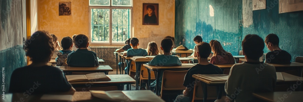 Aufkleber students engage in lessons in an overcrowded classroom filled with outdated materials and a clear sh