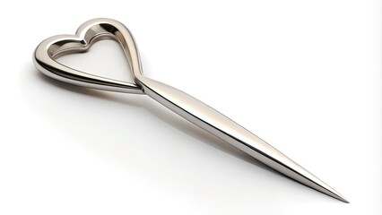 A delicate, metallic heart-shaped letter opener sits alone on a clean, white background, its curved shape and pointy tip gleaming softly in the light.