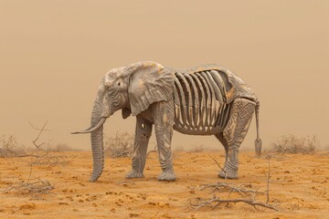 Fototapeta premium An emaciated elephant skeleton standing on parched ground