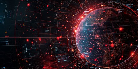 Abstract design of a digital globe with data nodes and information hubs around the world