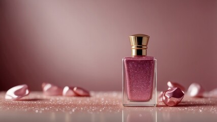 Pink glittery polish within chic bottle upon celebratory background.